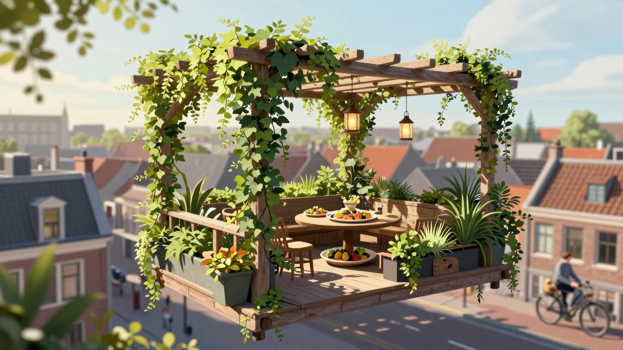 Groene dakterras met klimop en lantaarns, boven de daken van Oud-West.