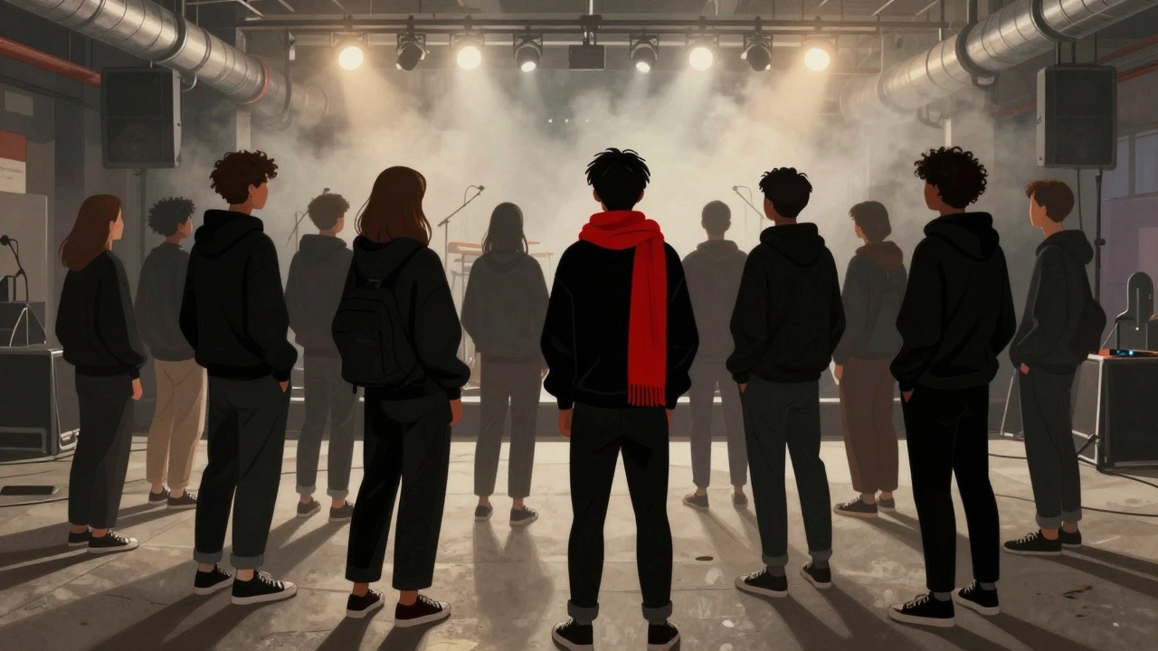 Groep mensen op een live concert in een industriële zaal, gedressed in minimalistische zwarte kleding met één rode sjaal als accent.