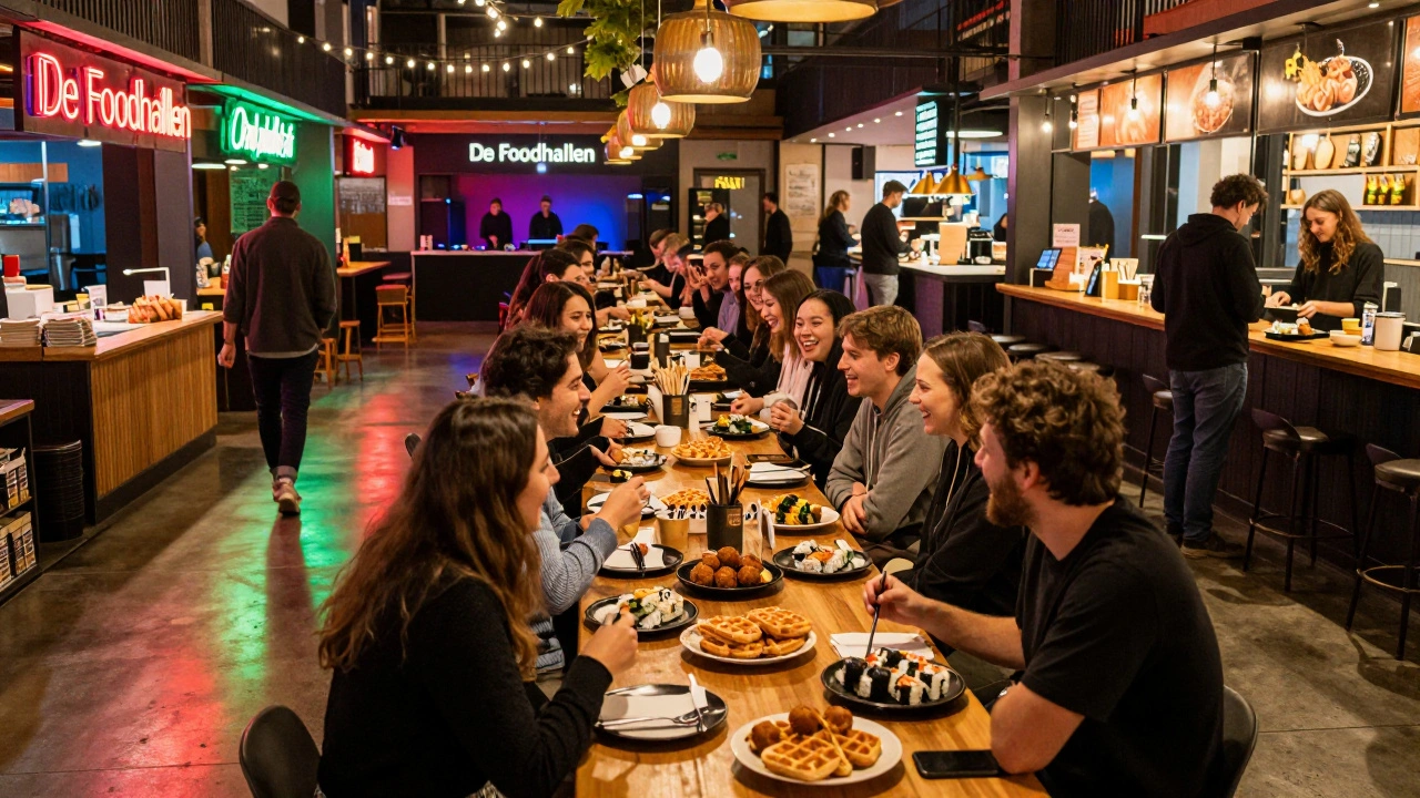 Levendige etenstempel met mensen aan lange tafels, etend van diverse stalls onder neonlicht.