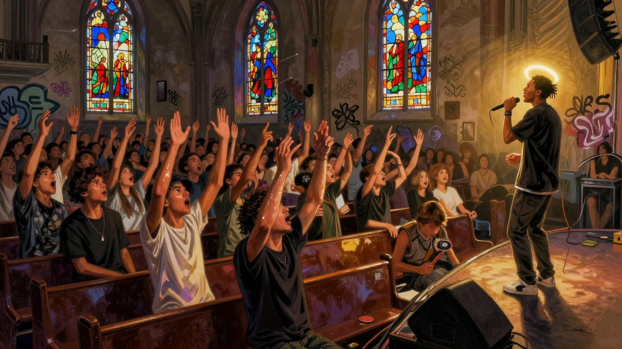 Live hip-hop performance inside Paradiso, rapper under colored light as hundreds dance in the historic nave.