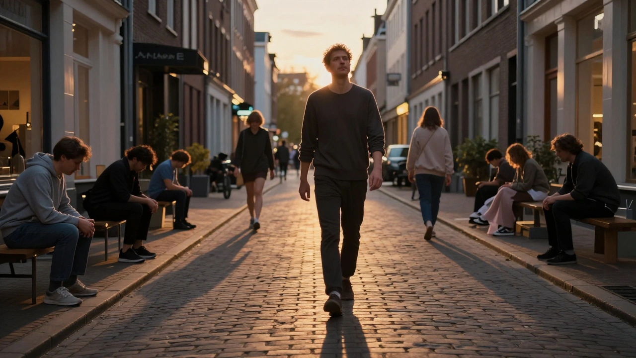 Man loopt na een hot stone massage, ontspannen en rechtop, terwijl anderen om hem heen gebogen zijn.
