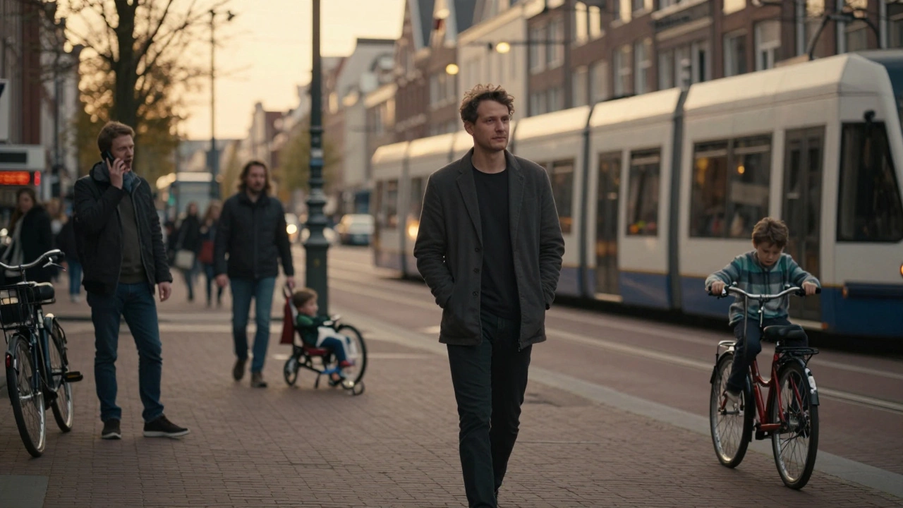Man loopt rustig naar een tram in Amsterdam, mensen om hem heen zijn vaag, hij voelt geen oordeel, alleen vrede.