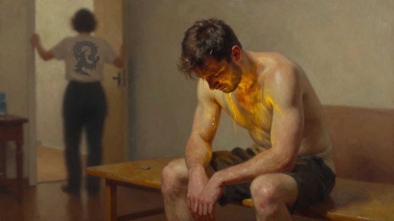 Man na de massage, tranen op zijn gezicht, warme gloed om hem heen, therapeut in de achtergrond met een draaktatoeage.