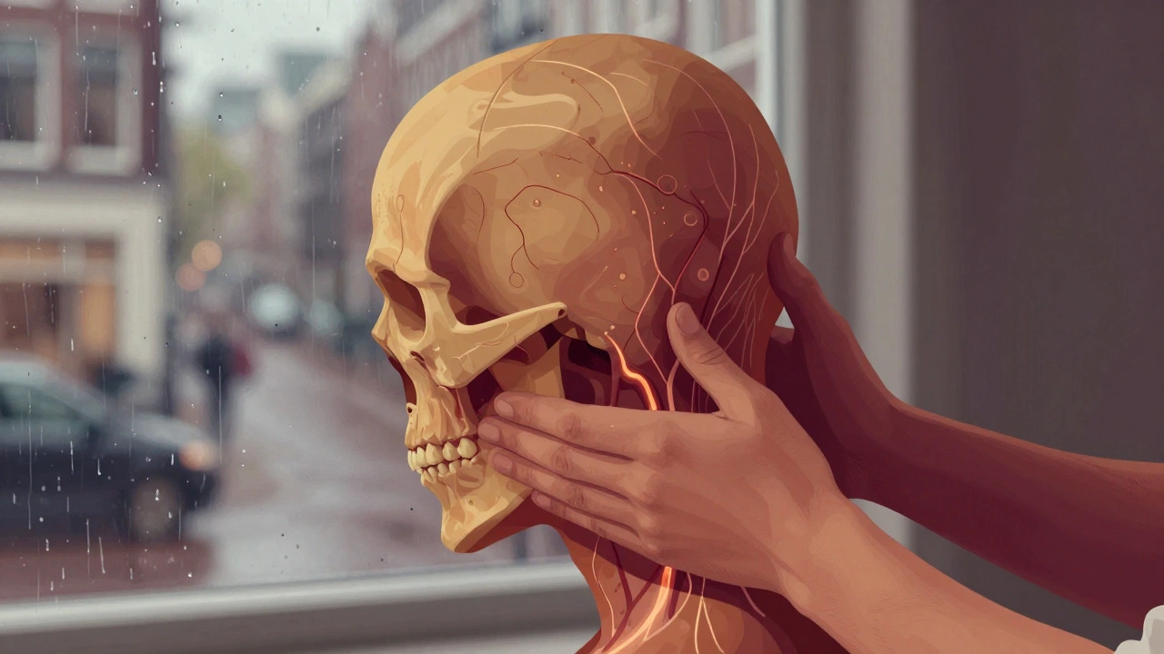 Masseur drukt op de achterkant van het hoofd en slakken, met warme kleuren en bloedstroomlijnen.