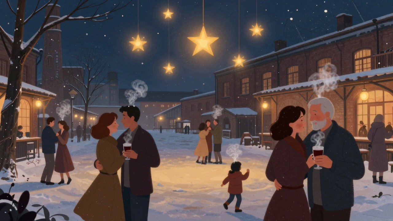 Mensen dansen op een winteravond onder de sterrenlichten van Westergasfabriek, met warme drankjes en sneeuwvlokken in de lucht.