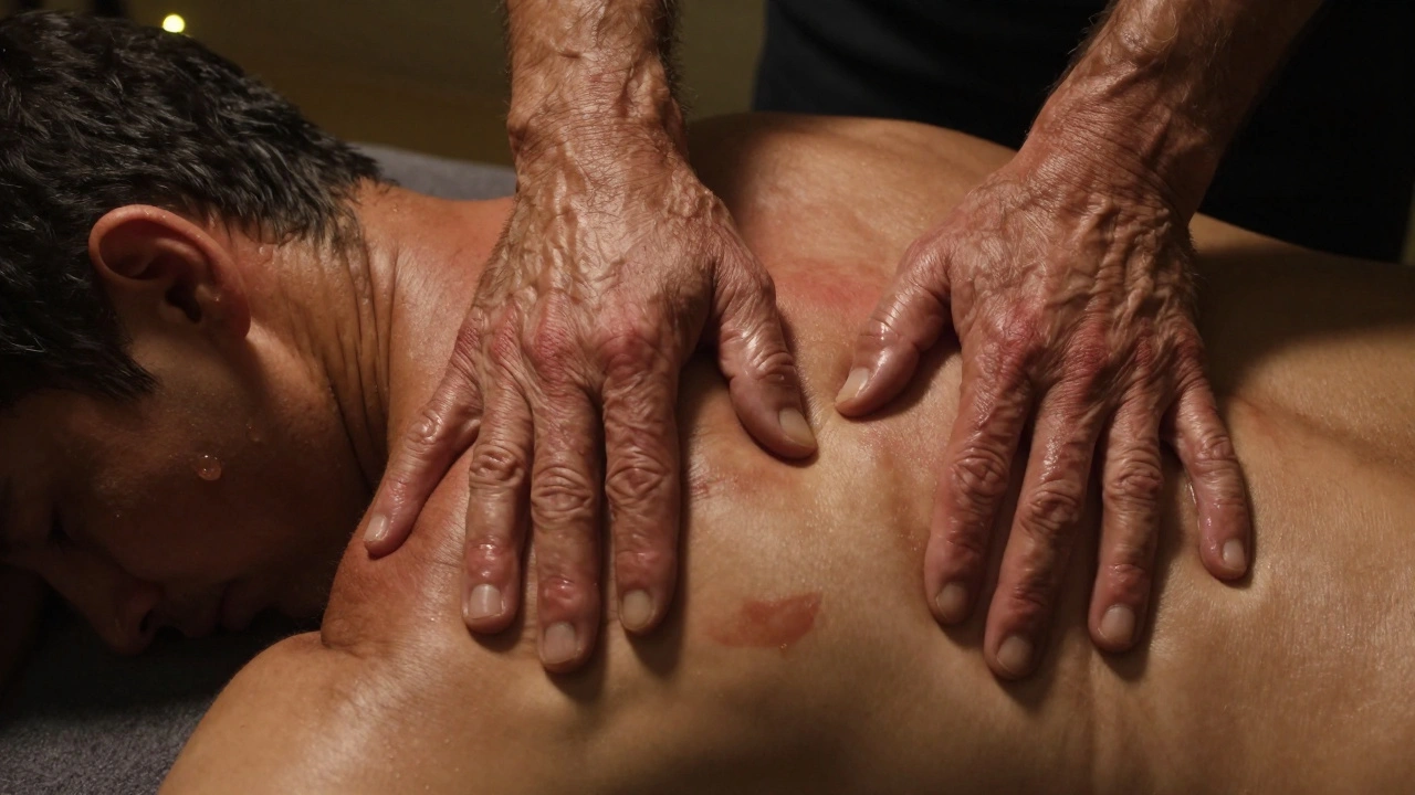 Nauwe opname van krachtige handen die diep in spierweefsel drukken, een traan op de wang van de ontvanger.