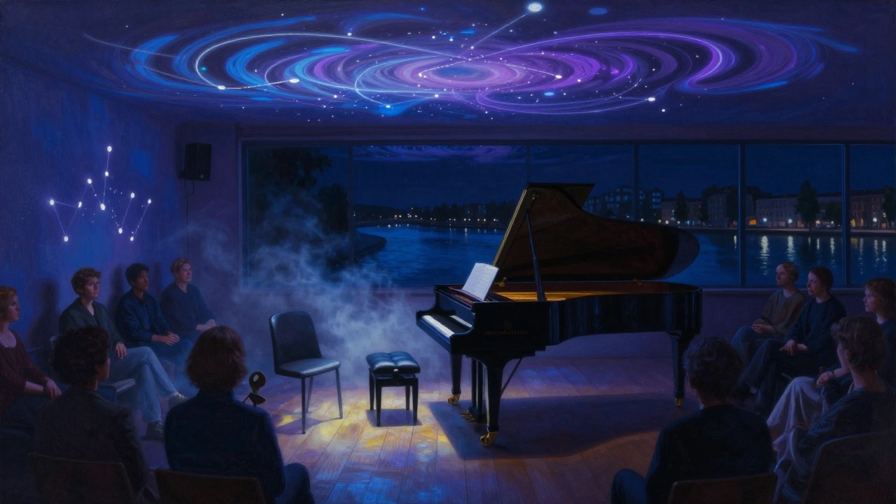 Nils Frahm speelt piano met lichtprojecties, rustige sfeer en een stil publiek in De Marktkantine.