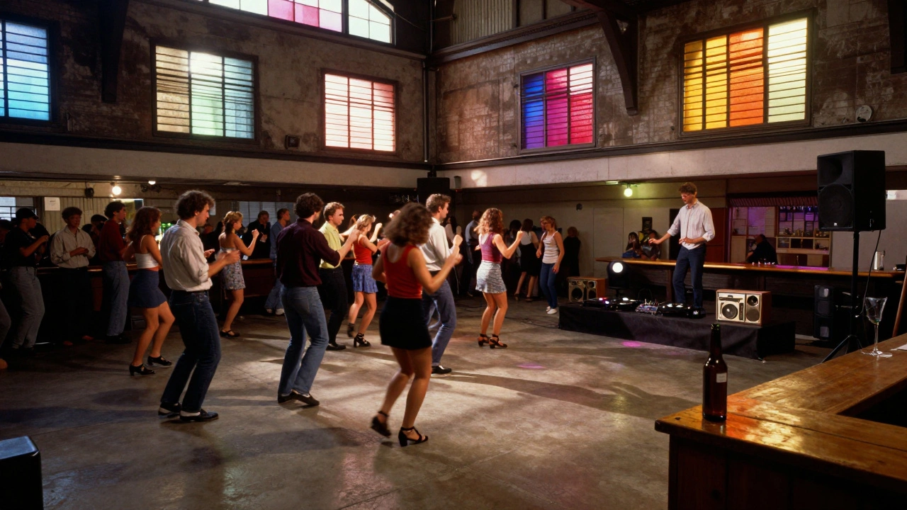 Raw, industrial dance floor inside De Marktkantine with concrete walls, flickering lights, and a crowd dancing freely.