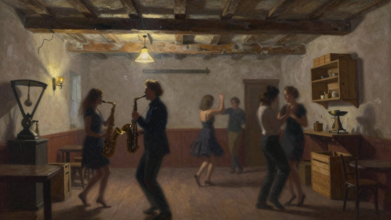 Schilderachtige voorstelling van mensen die vrij dansen in De Marktkantine, met zachte lichtbundels en oude architectuur in de achtergrond.