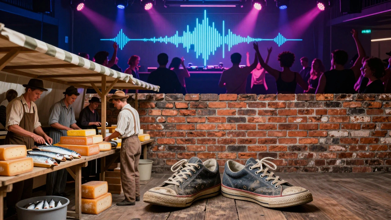 Split image showing 1950s market below and modern club above, connected by a brick wall and two pairs of shoes.