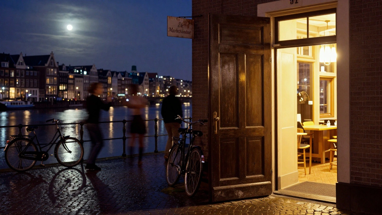 A glowing wooden door at night beside a river, with silhouettes of dancers inside and a bicycle leaning against the wall.