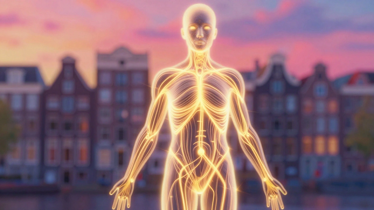 Abstrakte energielijnen in silhouet van persoon tegen Amsterdamse skyline.