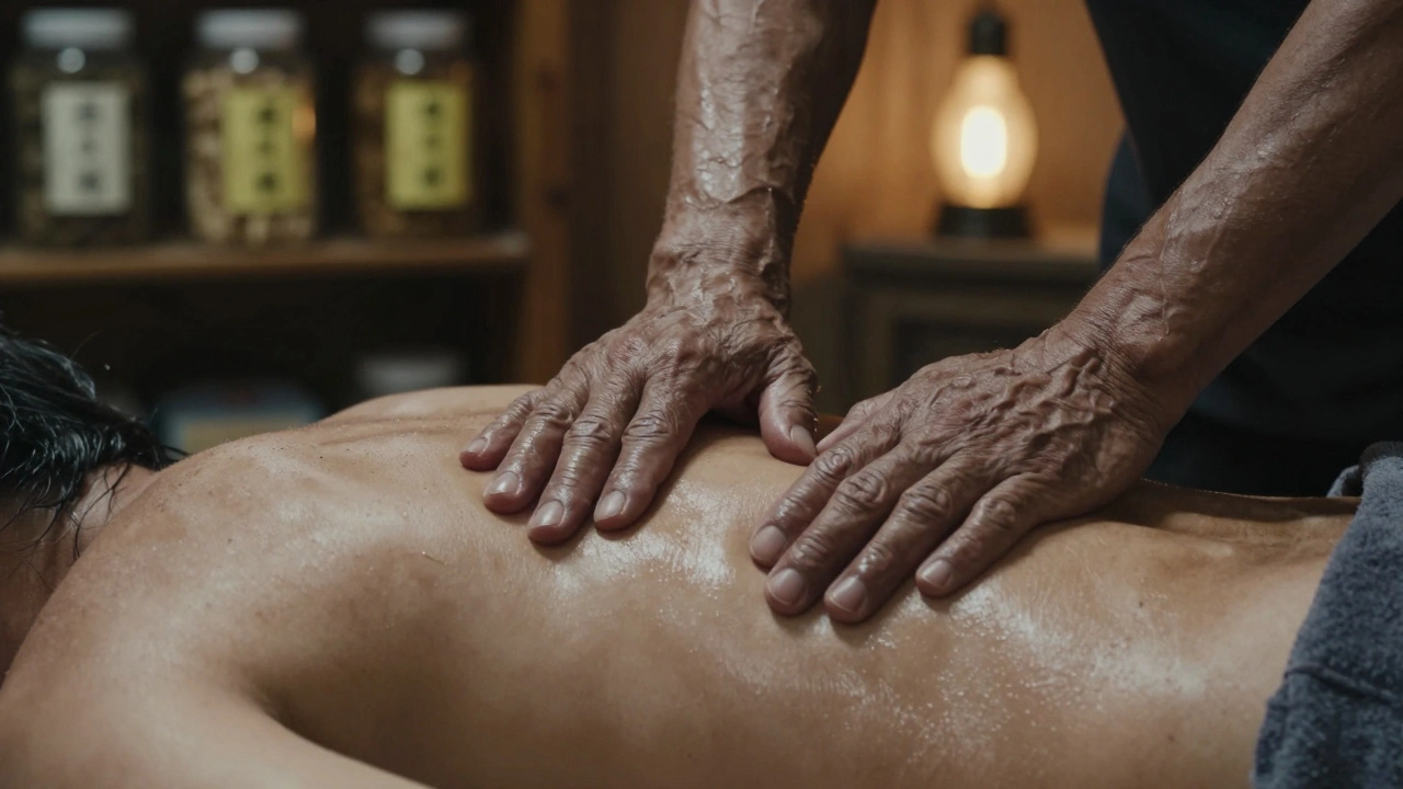 Close-up of strong hands pressing into a patient's spine during a tuina session, with herbal jars in the background.