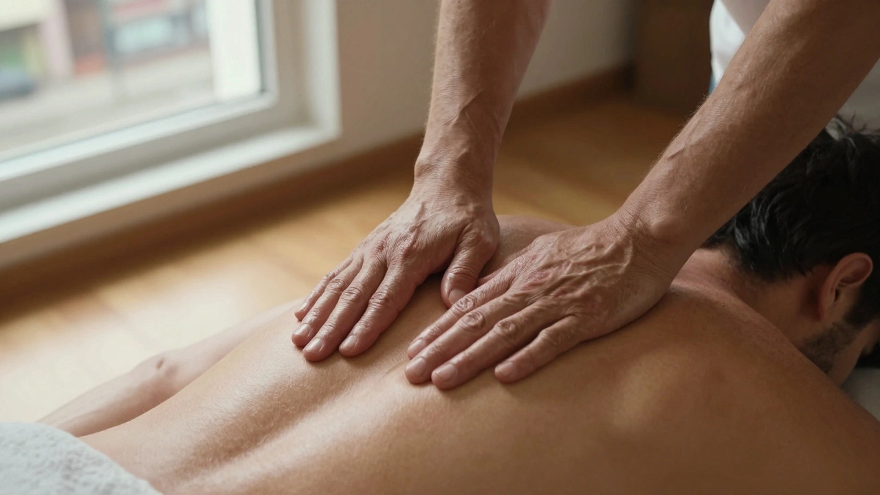 De handen van een masseur kneeden de schouders van een man, zonder olie of decoratie, alleen rust en kracht.