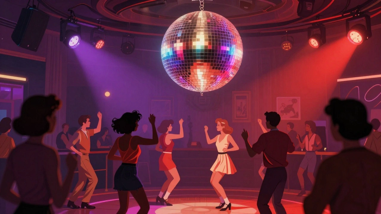 Disco-avond met spiegelbal en retro dansers