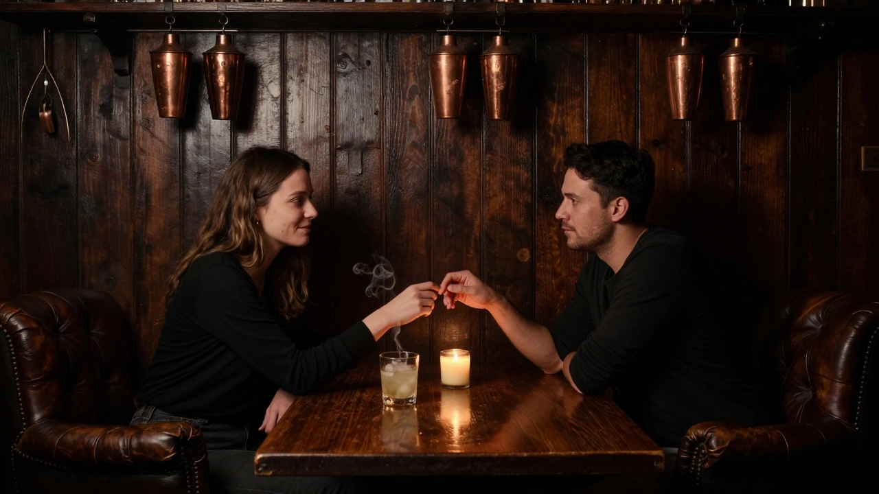 Een donkere, rustige bar met leren fauteuils en koperen shakers, waar een paar stil naast elkaar zit.