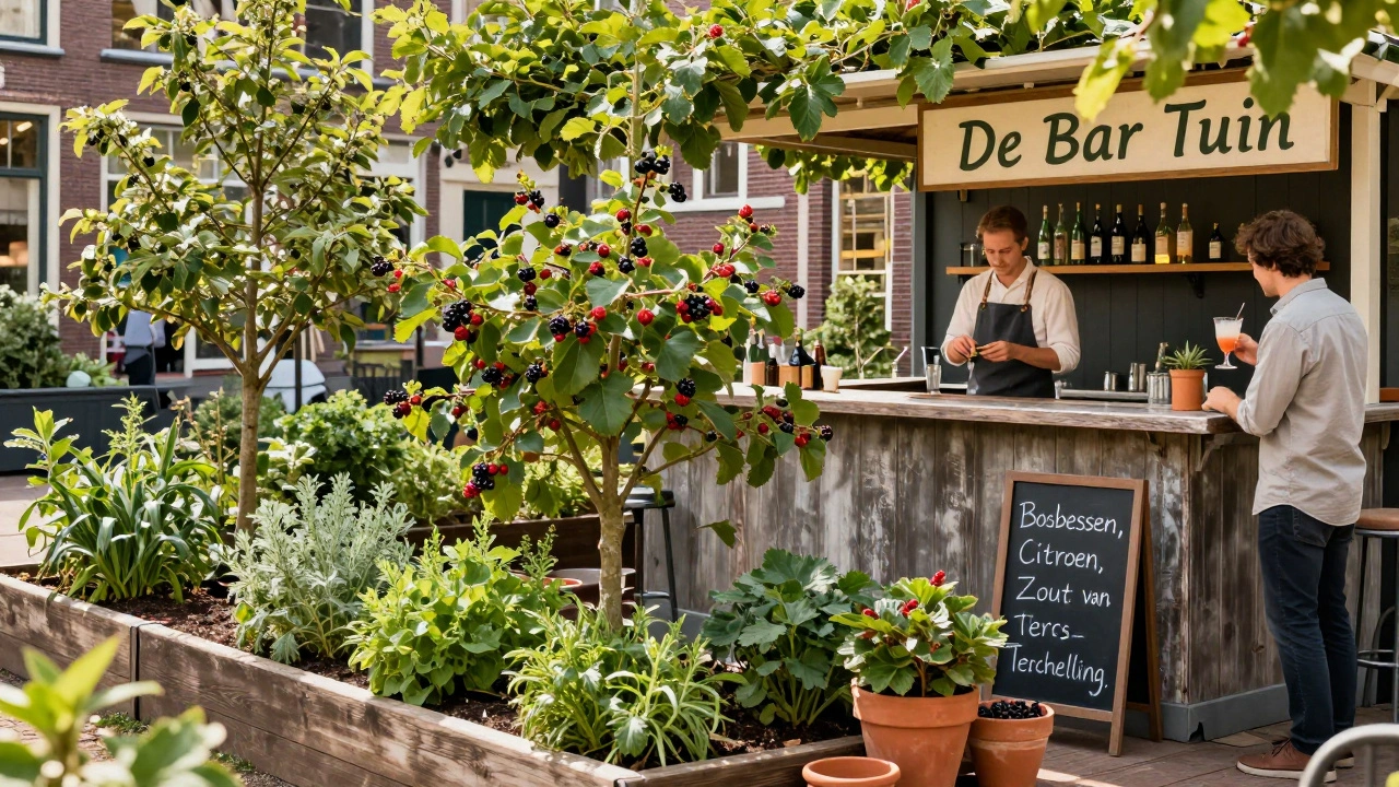 Een kleine tuin achter een cocktailbar met bessenstruiken en een barcounter.