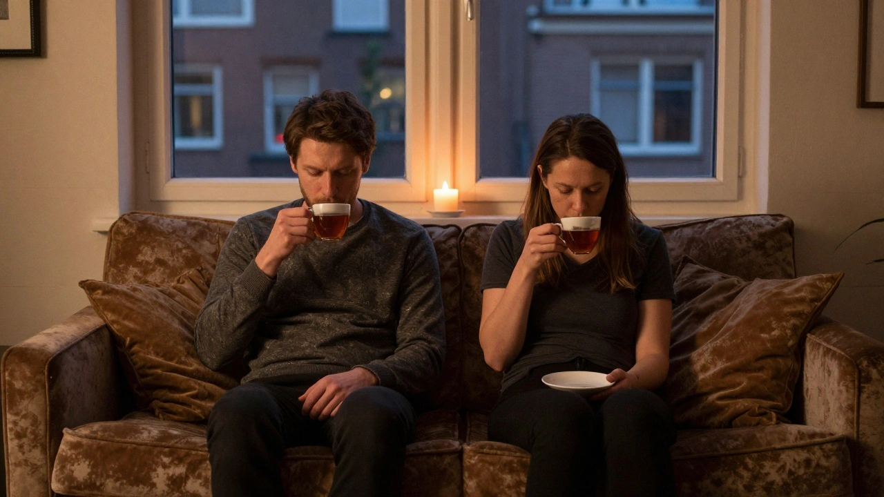 Een man en vrouw zitten in stilte op een bank na een massage, met thee en zachte lichtjes, een gevoel van vrede en verbinding.