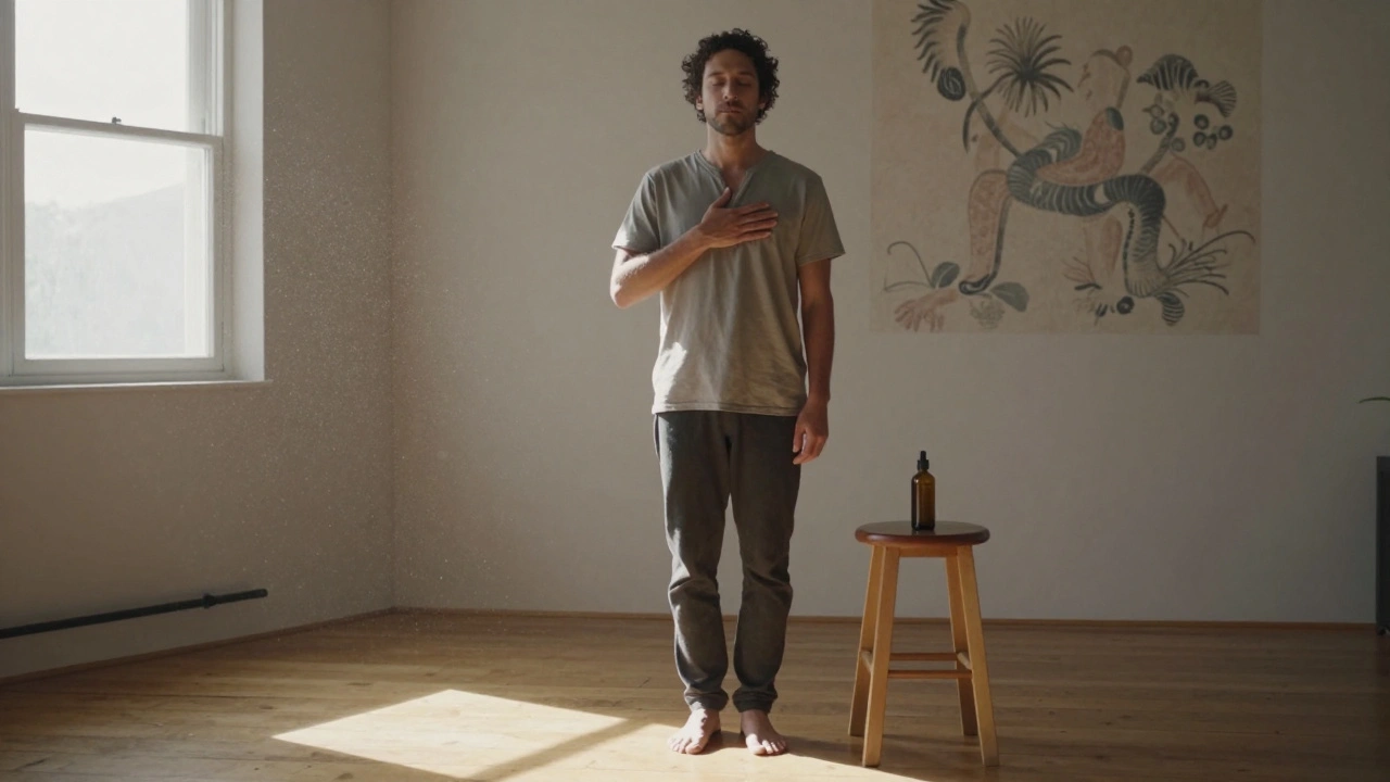 Een man staat na de massage, ogen gesloten, hand op borst, zacht zonlicht valt door het raam — een moment van innerlijke rust en herontdekking.