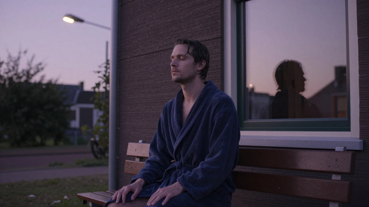 Een man zit rustig op een bank buiten, na een massage, met een uitdrukking van innerlijke rust.