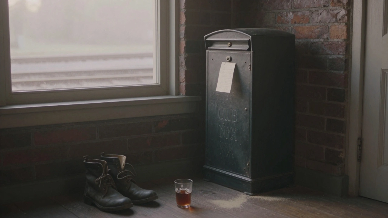 Een oude postbus met een briefje, een lege tasse en een paar laarzen in de ochtendlicht van Club NYX.