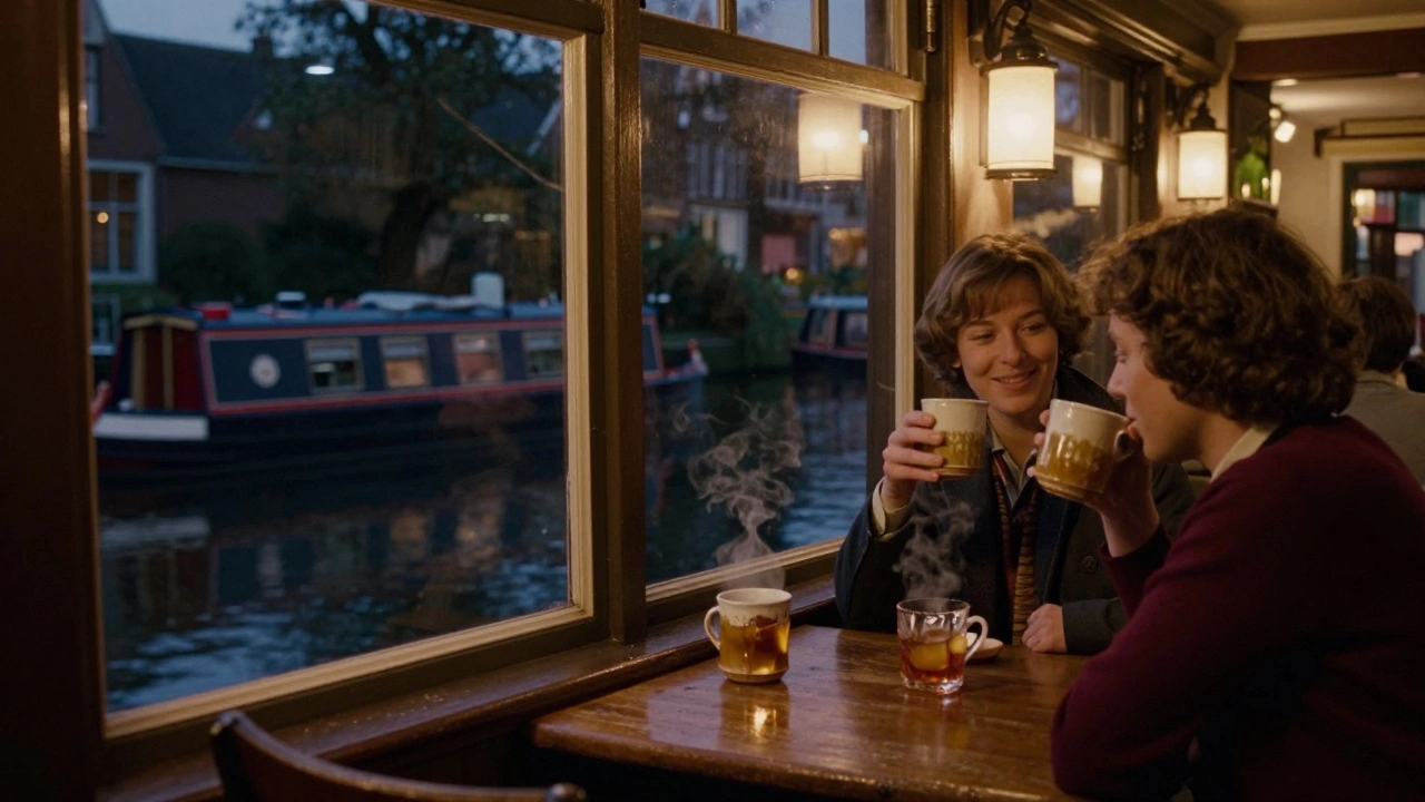 Een smal kanaalhuis met een warme cocktail en voorbijvarende bootjes zichtbaar door de ramen.