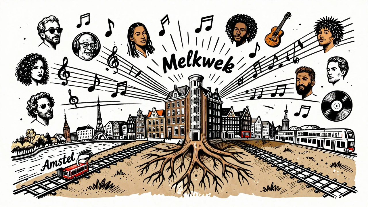Een surrealistische, handgetekende kaart van Amsterdam met de Melkweg als middelpunt, waar muziekstralen zich verbinden met kunstenaars, rivieren en platen.
