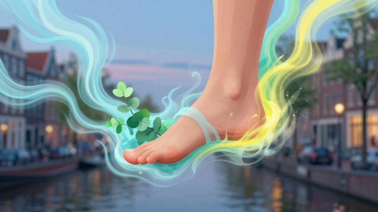 Een voet omgeven door kleurige mist van peppermint, eucalyptus en citroen, symboliserend ontspanning.