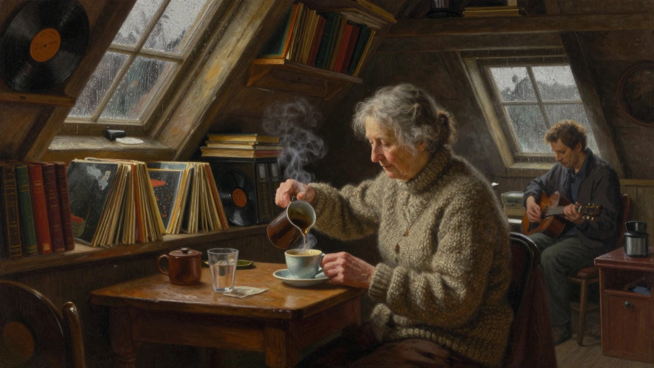 Een vrouw schenkt koffie in een hoek van Paradiso, met boeken en muziekplaten om haar heen.