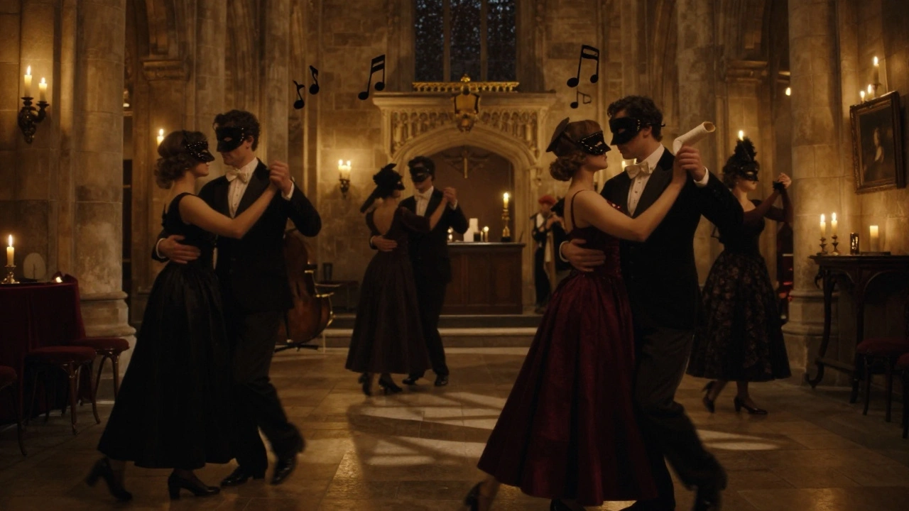 Gemaskeerde dansers bewegen in een kerk bij kaarslicht tijdens een midnights masquerade.