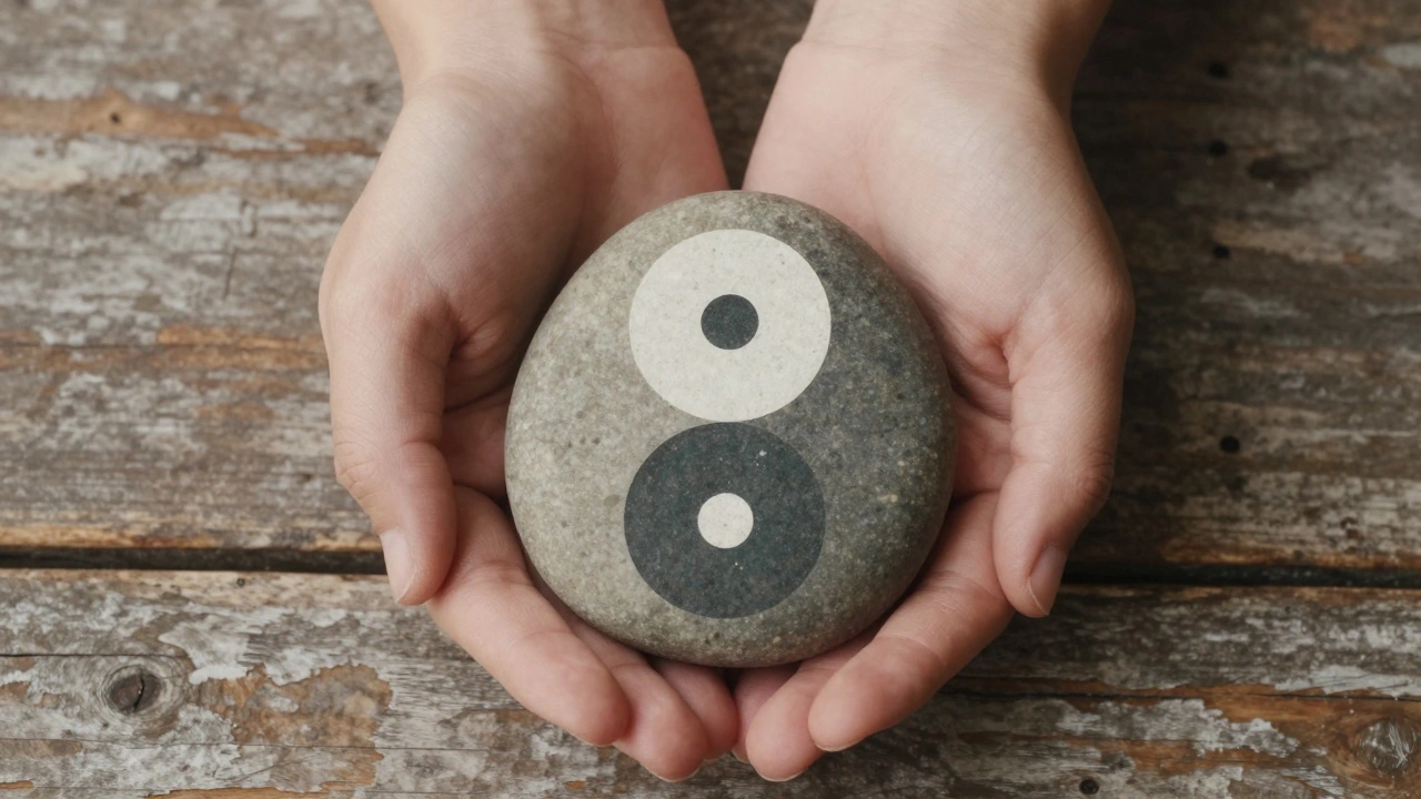 Handen houden een steen met yin-yang symbool op houten tafel.