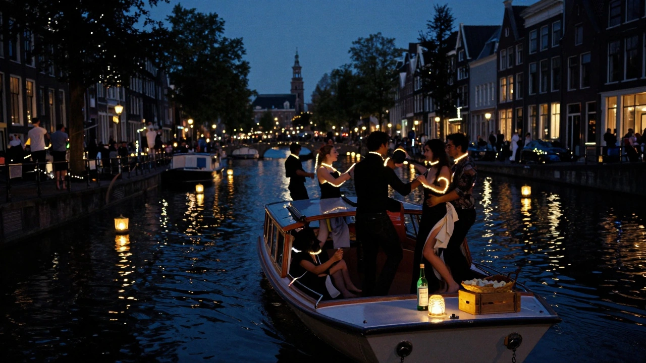 Mensen dansen op een boot langs de grachten van Amsterdam met lichtgevende armbanden.