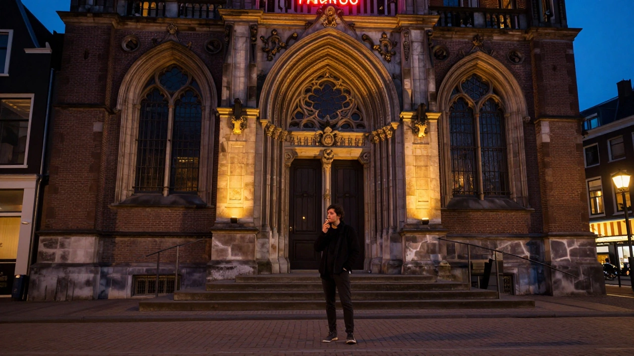 Paradiso aan de Leidseplein 's nachts, iemand rookt buiten terwijl de muziek vanbinnen trilt.