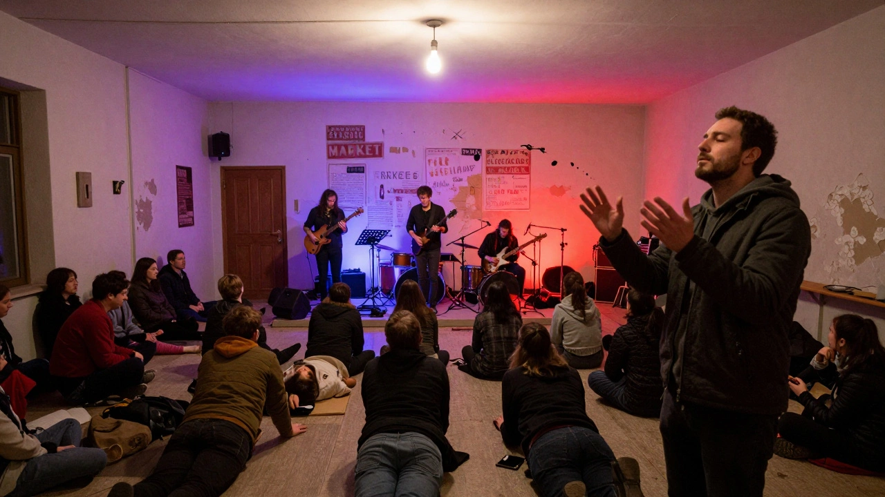 People sitting on the floor in a dark hall, bathed in soft colored light, listening intently to a live band with peeling walls in the background.