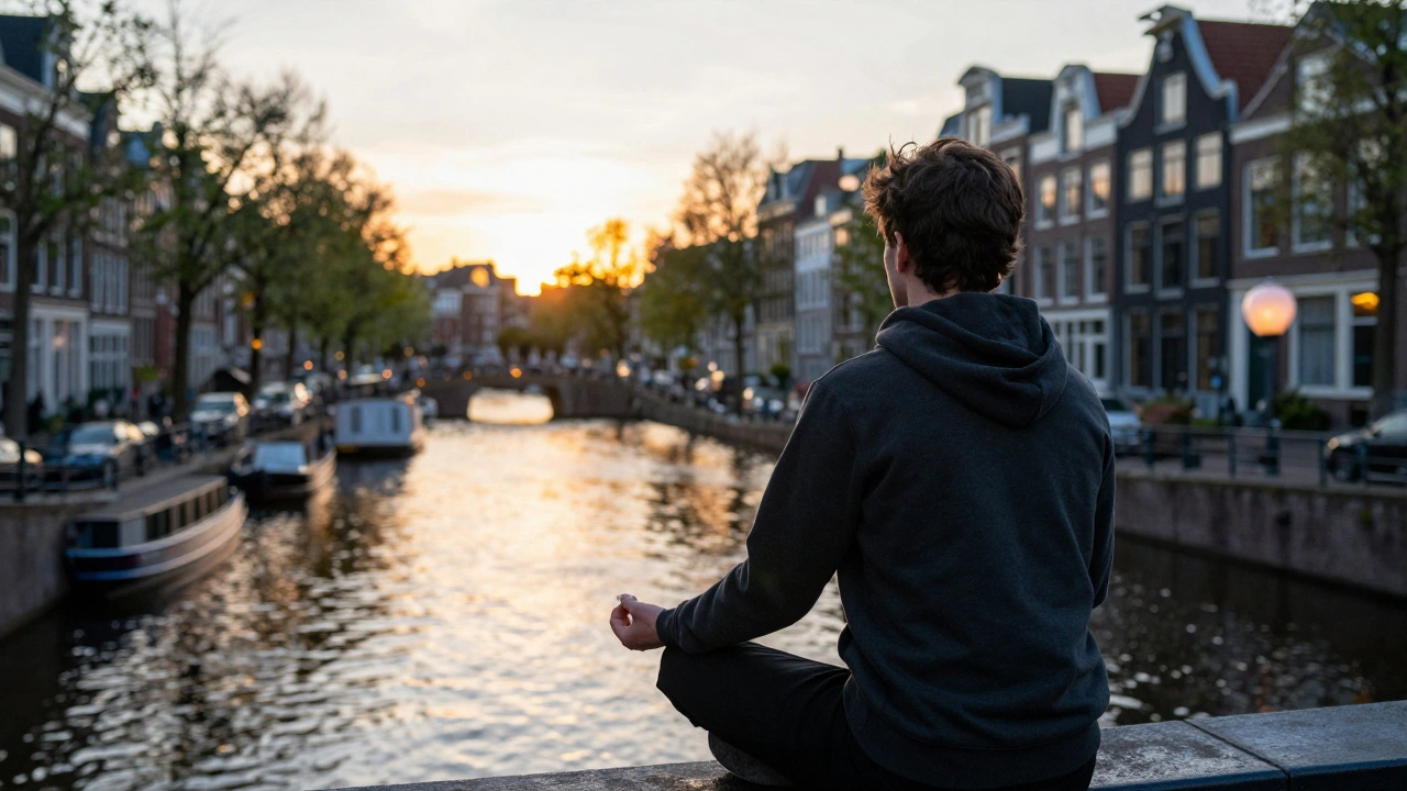 Persoon mediteert op balkon met gracht uitzicht en Chinese lantaarn.