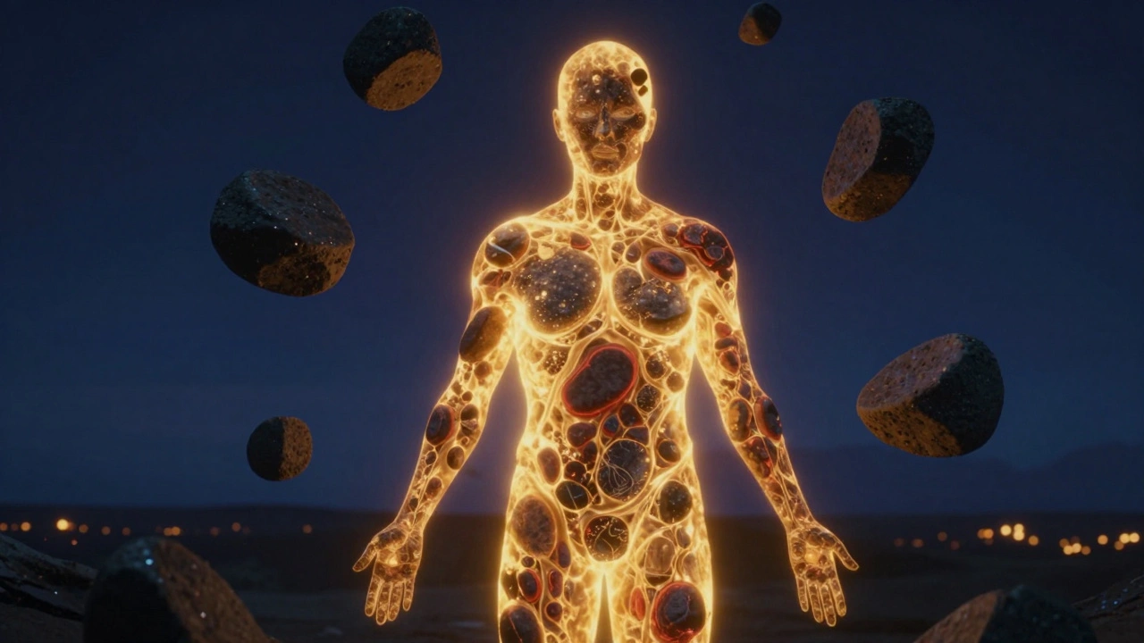 Silhouet van een mens met warme gouden lichtstralen die uit het lichaam komen, omgeven door zwevende stenen.