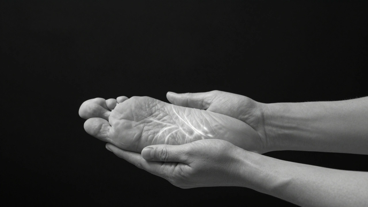 Twee handen masseren een voet, zonder gezicht of context, alleen aanraking en rust.