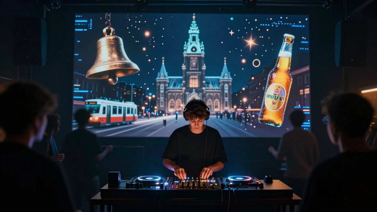 A local DJ performing at NYX's Sound Lab, surrounded by glowing visualizations of city sounds like bells and trams.