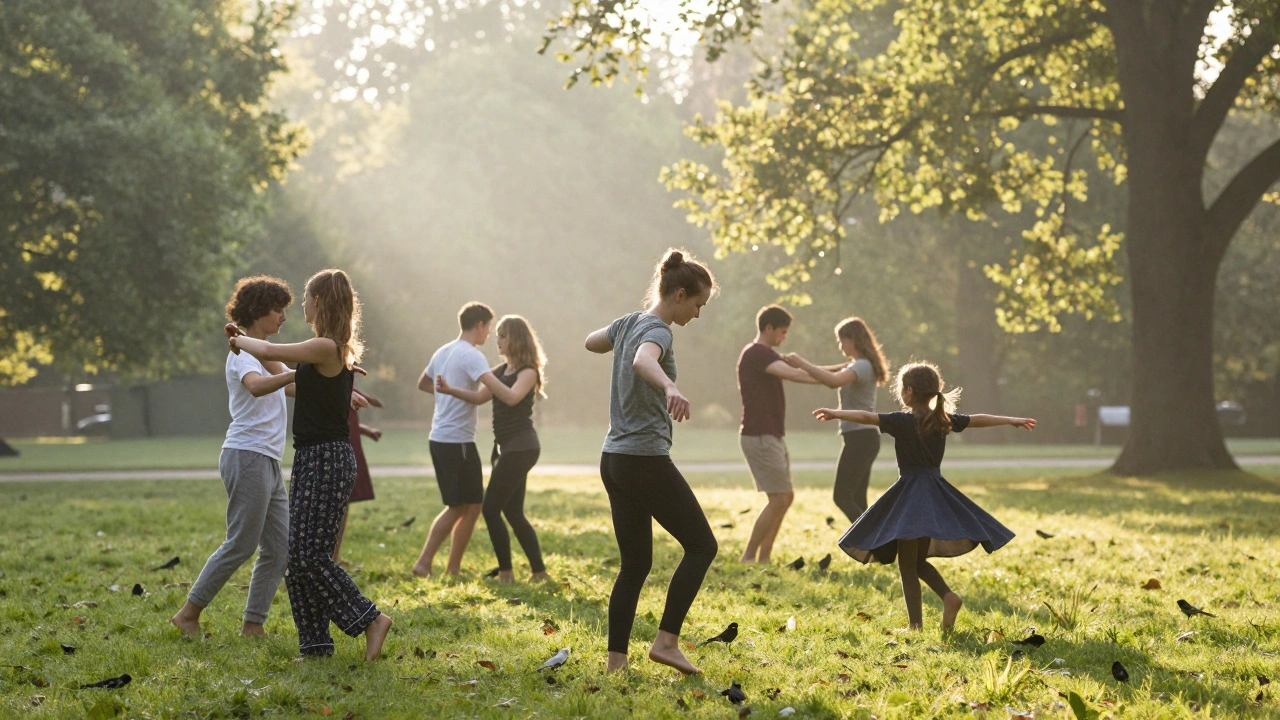A quiet group of people dancing barefoot in Vondelpark at sunrise, no music, just nature and movement under the trees.