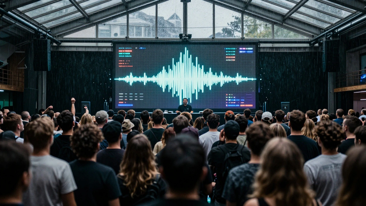 Audience movement tracked by sensors in a concert hall, with sound levels adjusting automatically to crowd energy.