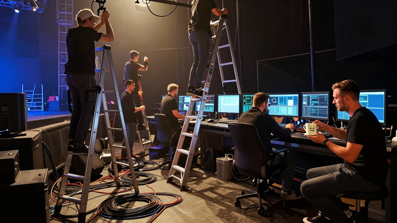 Backstage chaos at AFAS Live: cables, lighting rigs, and engineers working together during a live concert in Amsterdam.