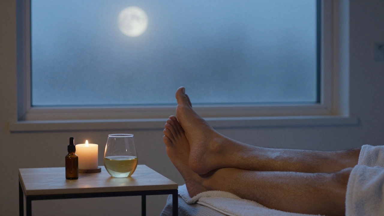 Bare feet on a towel beside a wooden candle and oil bottle, quiet nighttime bathroom ambiance.