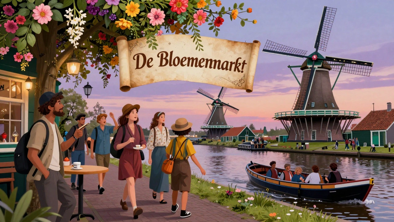 Bezoekers lossen een raadsel op bij De Bloemenmarkt terwijl een historische windmolen in de achtergrond draait onder een schemerige hemel.