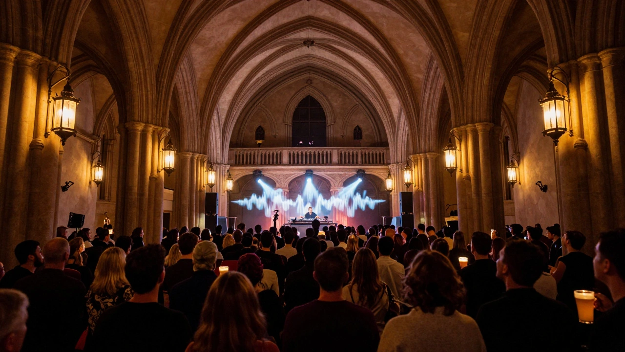 Binnenin Paradiso tijdens een concert: hoge plafonds, DJ op de preekstoel, publiek in de gloed van het licht.