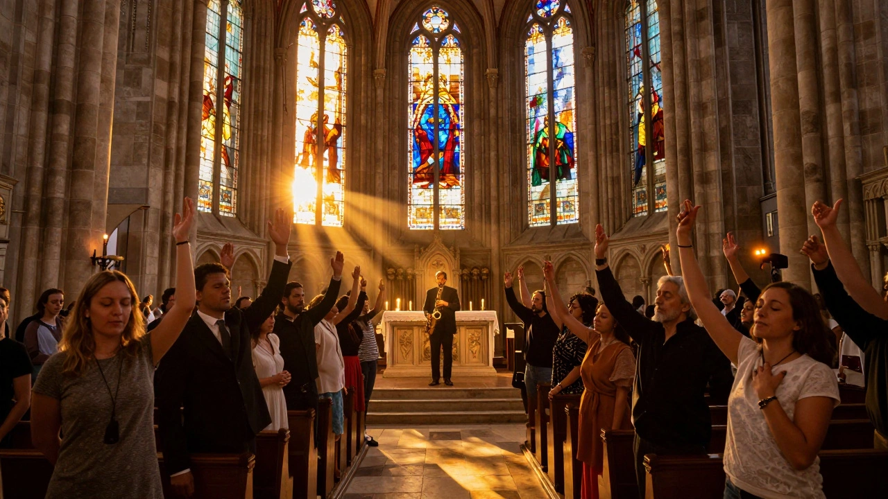 Crowd swaying in Paradiso’s stained-glass lit nave as golden sunset light bathes the church-turned-venue.