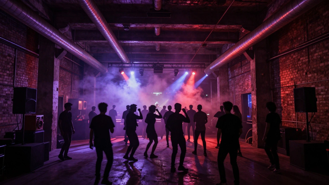 Dansende menigte in industriële zaal met neon en rook