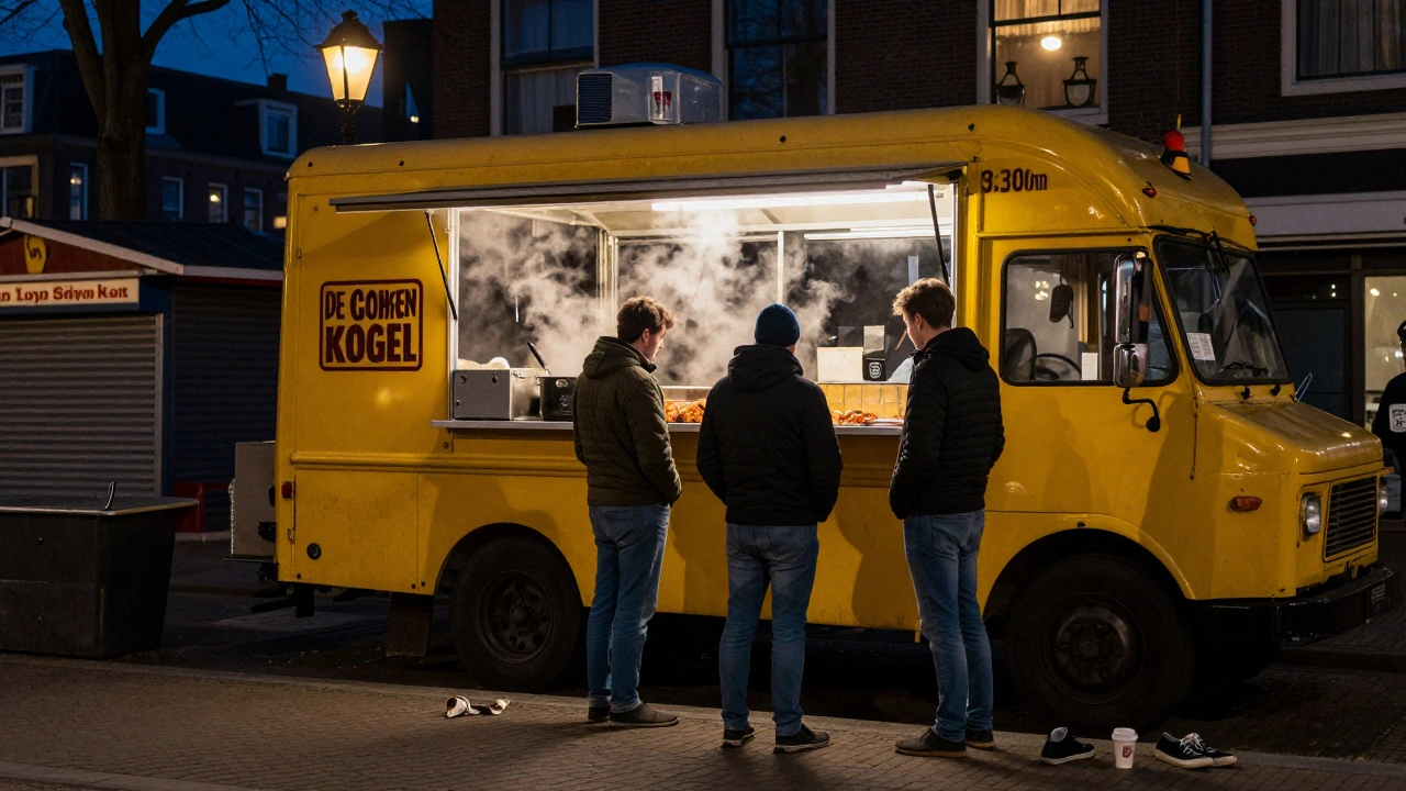 De Gouden Kogel foodtruck in De Pijp server stamppot met worst aan lokale bezoekers in de vroege uurtjes.
