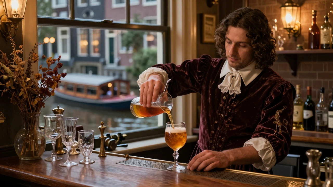 Een barkeeper in een fluweel doublet schenkt een historische cocktail in De Drie Flessen, met een kanaalboot die voorbij glijdt in het licht van de avond.