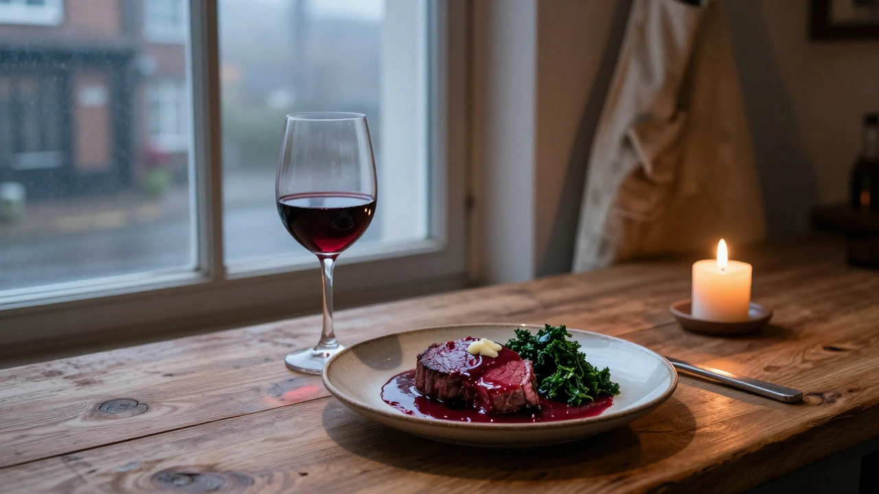 Een bord met haas in rode wijn saus, met kale en een glas wijn, geserveerd in een vleeswinkel 's nachts.