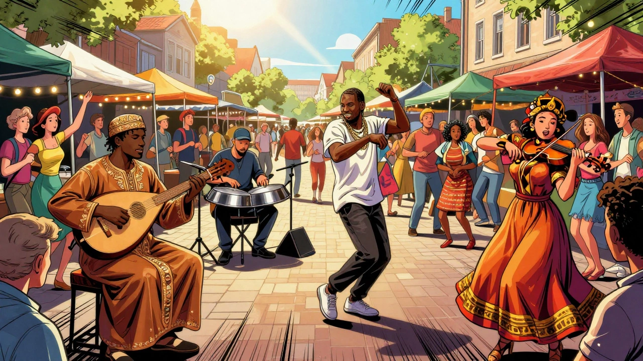 Een divers publiek danst samen bij een straatoptreden op de Albert Cuypmarkt met muzikanten uit verschillende culturen.